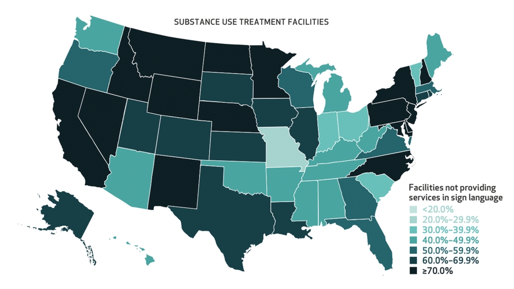 substance use treatment map usa substance use treatment facilities not providing services in sign language <20.0% 20.0%-29.9% 30.0%-39.9% 40%-49.9%