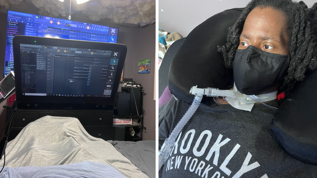 Patient with mask on in hospital with computers