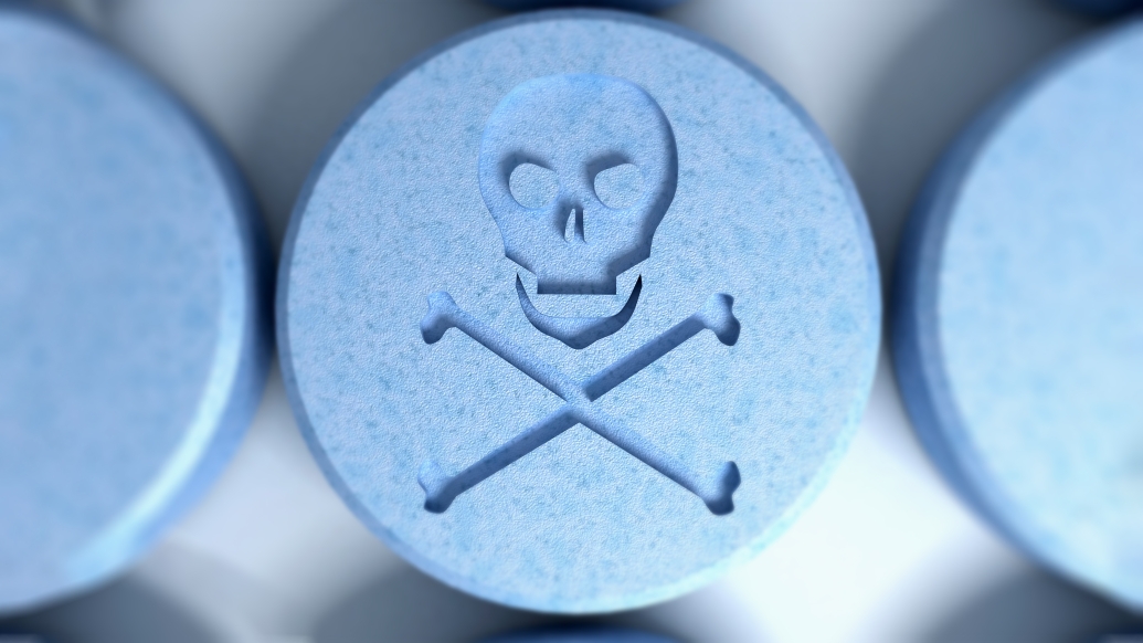 Skull blue pills crossbones fentanyl overdose