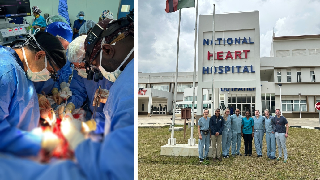 surgery on left and surgeons group on right outside national heart hospital