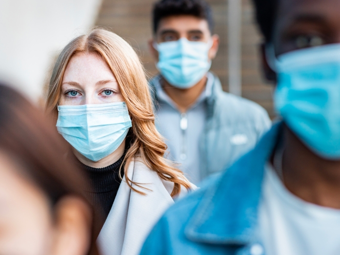 Woman Masked Crowd Blurred City