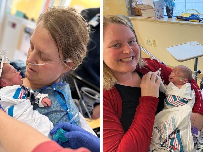 mother newborn in hospital side by side photos