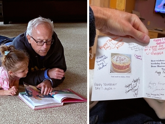 older man on ground reading with child and card written out on right