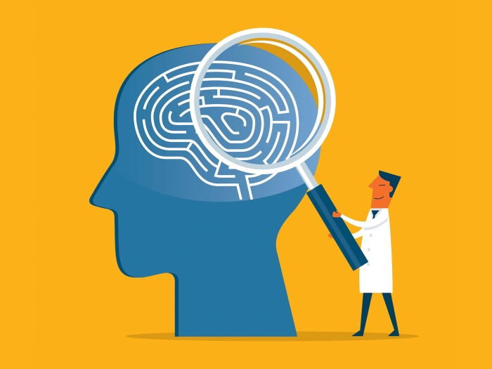 orange background, blue skull, brain maze inside large brain and person with white coat looking at it with a magnifying glass