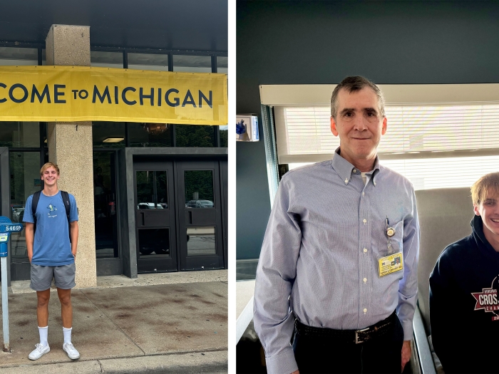 young adult man standin infront of welcome to michigan yellow sign and a photo next to that one of him sitting with a man standing next to him in glasses and UM badge and button down light blue shirt