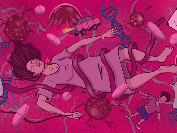 graphic drawing of woman falling and everything is pink and falling and floating with her like dna strands, cars, people, medicine, ID, blood vessels and cells