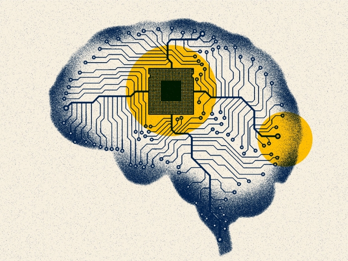 navy brain on off white background with artificial intelligence lines inside with yellow highlighted areas