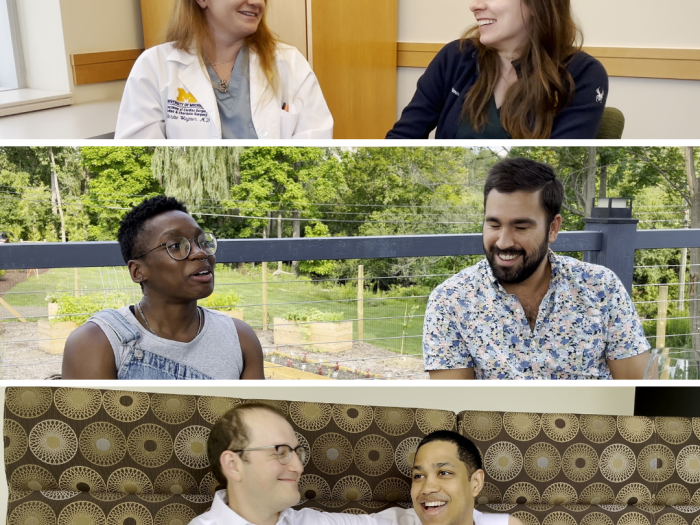 Graphic featuring three pairs of surgery residents laughing and talking with each other.