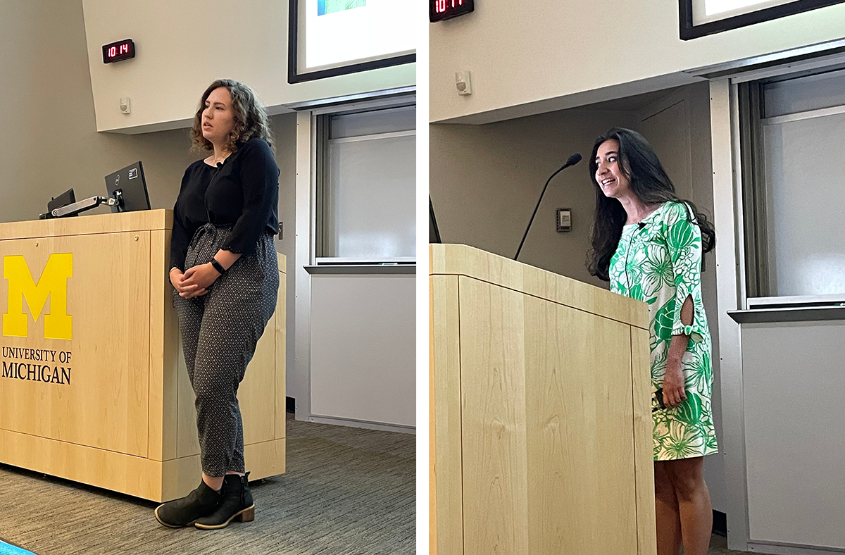 Trainees Olivia Harlow (Shenoy lab) and Katy Krupinsky (Kirschner and Lauring labs) present their research.