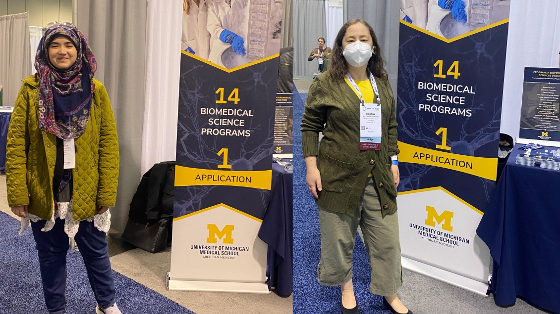  Mahnoor Gondal (left) and Cristina Mitrea (right) at U-M PIBS booth at ABRCMS conference, Anaheim, CA, November 2022