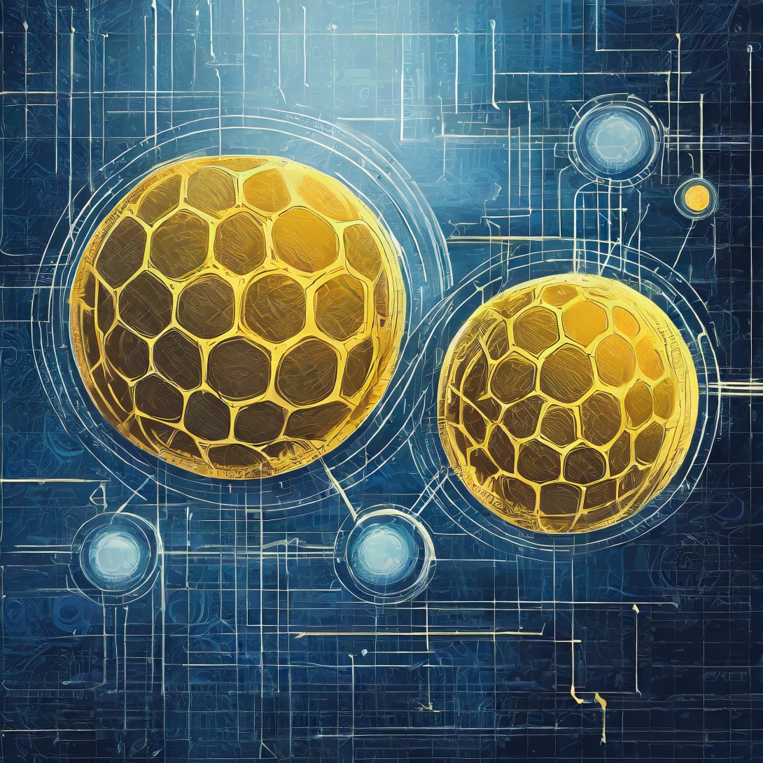 AI-generated fantasist illustration with two identical cells in a blueprint style