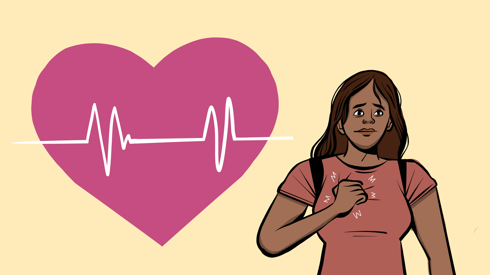heart beating large with lines through and woman next to it holding chest