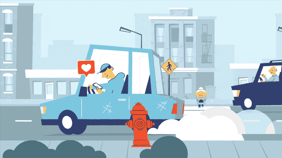 drawing of blue car moving on street left and right while being on phone like symbols floating