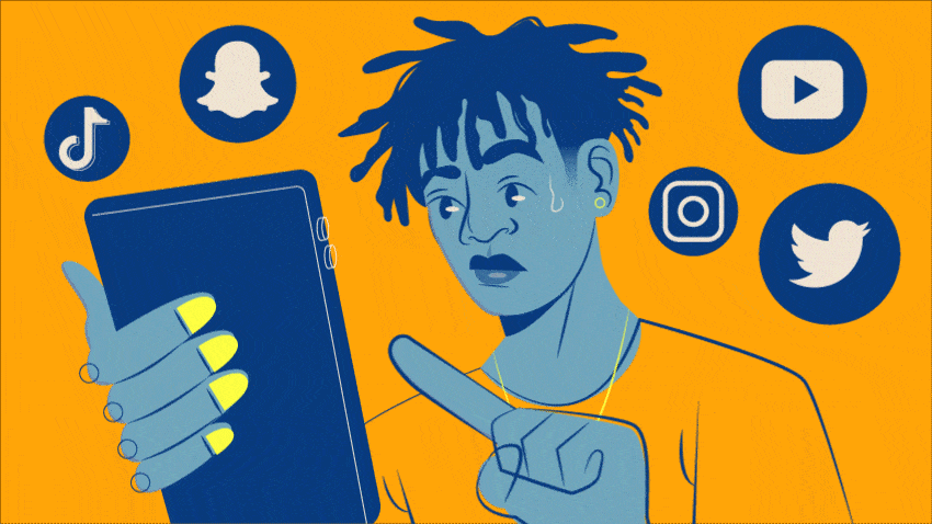 social media phone app teen blue and orange touching phone moving gif