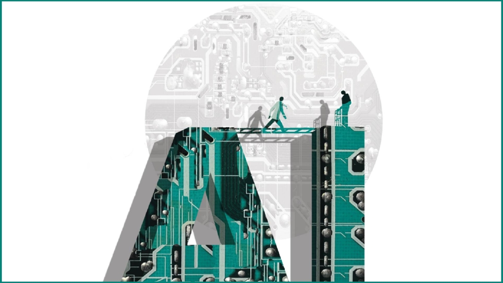 Illustration of a doctor crossing a bridge to a patient. The bridge is on top of two giant letters spelling AI.