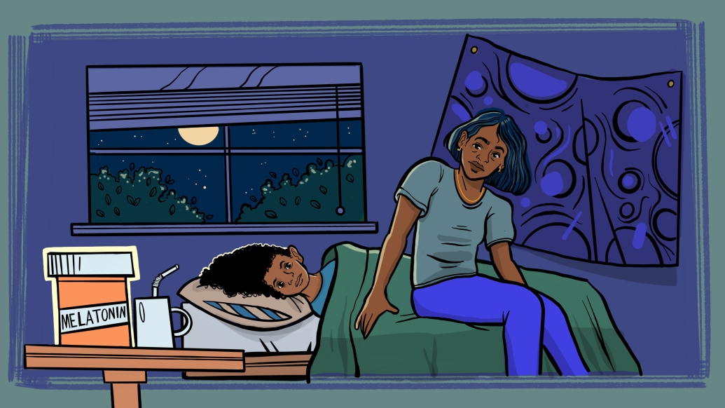 mom sitting at end of bed with child laying down moon outside purple bedroom green covers tan pillow
