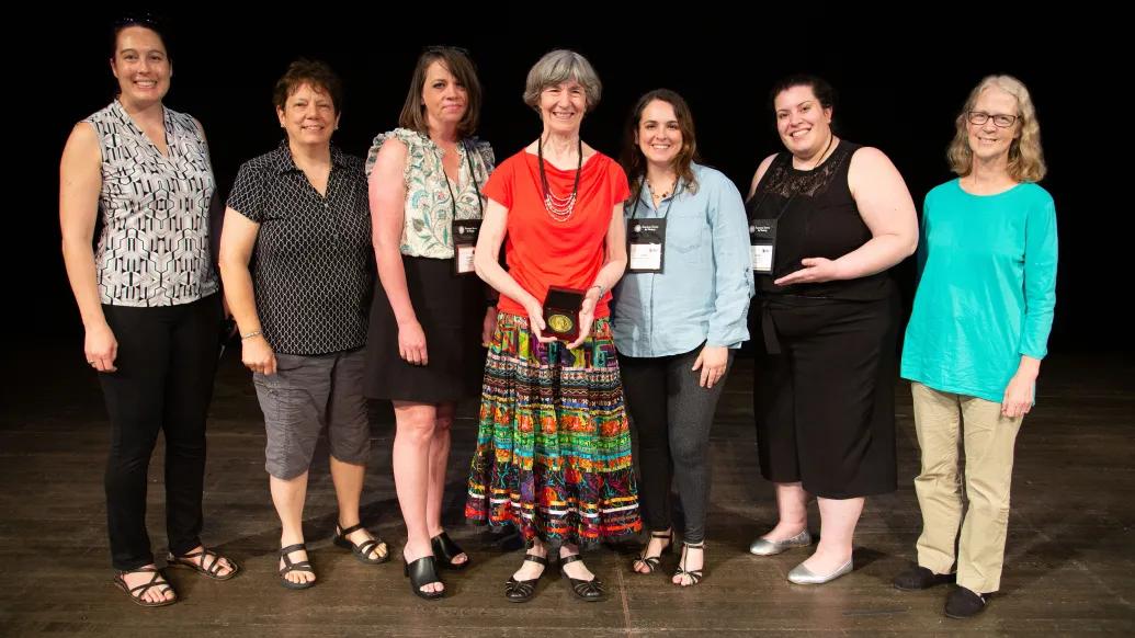 Spindler Lab past and present at ASV 2023 at in Athens, GA, when Kathy received the Wolfgang and Patricia Joklik Distinguished Service Award. Left to right, Lisa Gralinski, Adriana Kajon, Nickie Cauthen, Kathy Spindler, Luiza Castro Jorge, Estela Pereira, Amy Ball