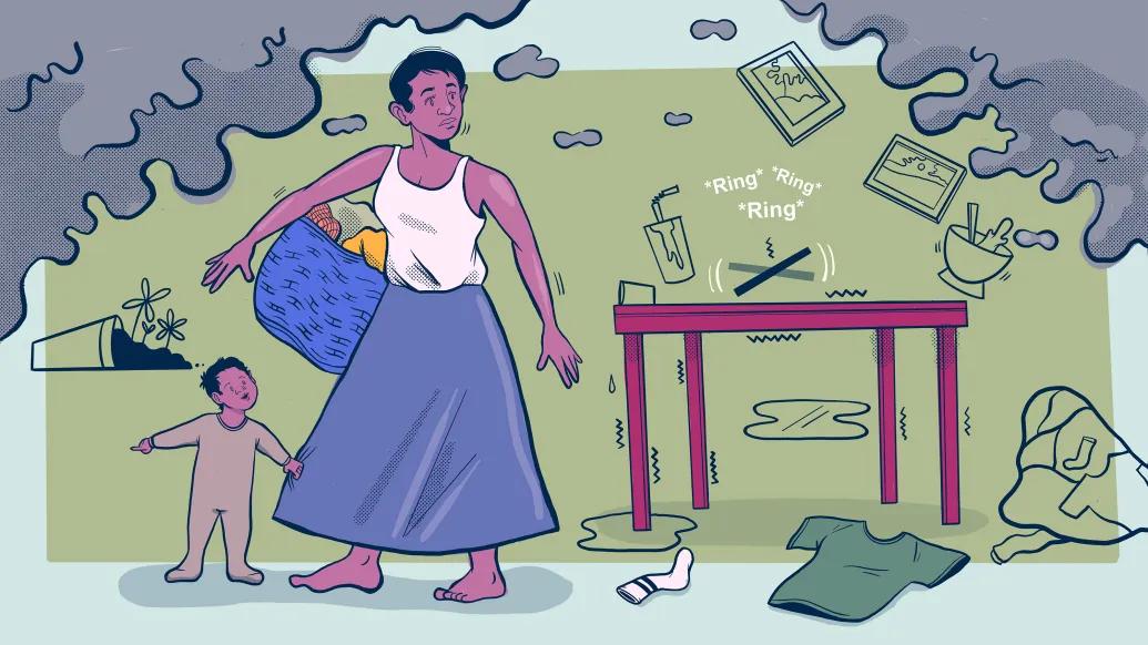 woman walking around with laundry and kid pulling on her skirt and phone ringing with black smoke on both edges of room and house mess with green background