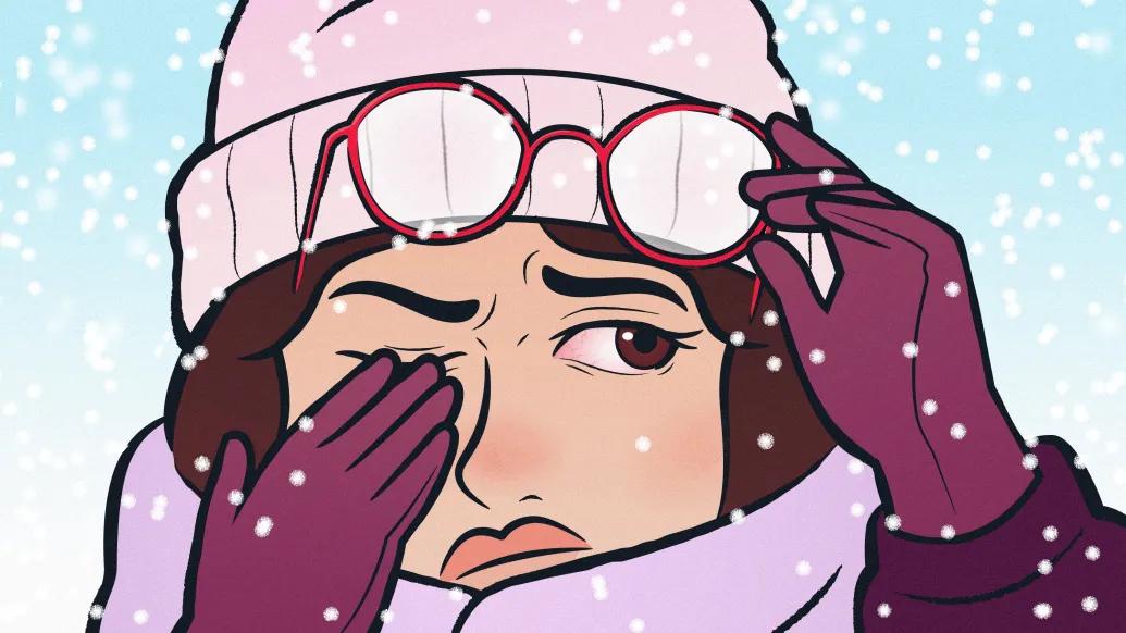 drawing close up of woman with red eyes and moving glasses up and snow falling and dressed in winter clothing purple
