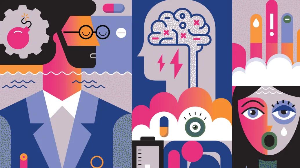 graphic drawing of man with glasses and bomb near his head going off and inside someones head a brain and a woman looking surpised all in colors grey purple orange pink 