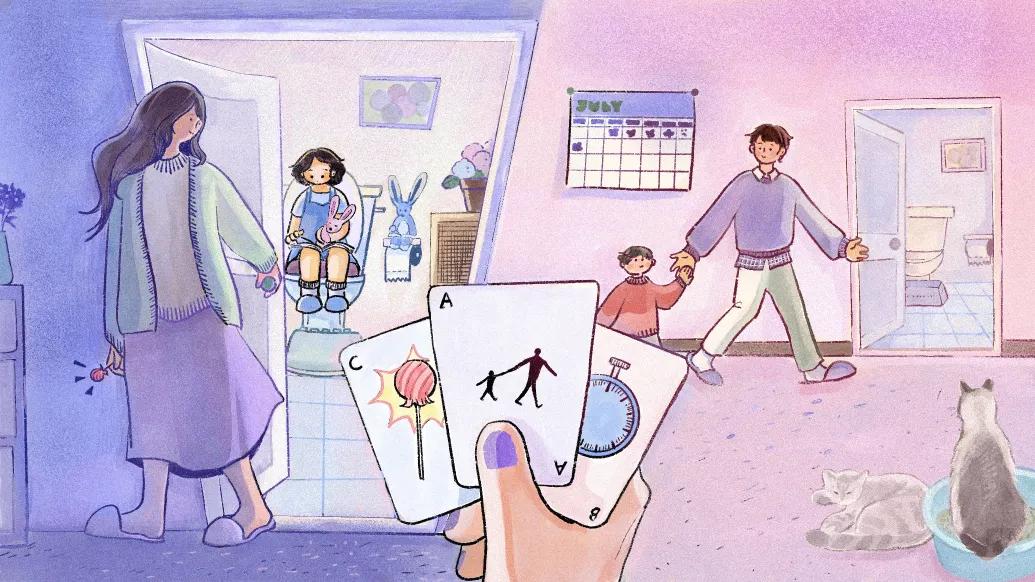 parents walking around with children near bathroom trying to help them potty train