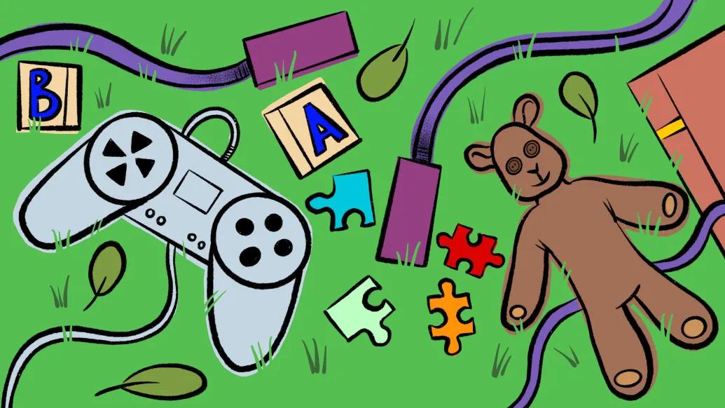 drawing of green background with toys scattered on it various colors