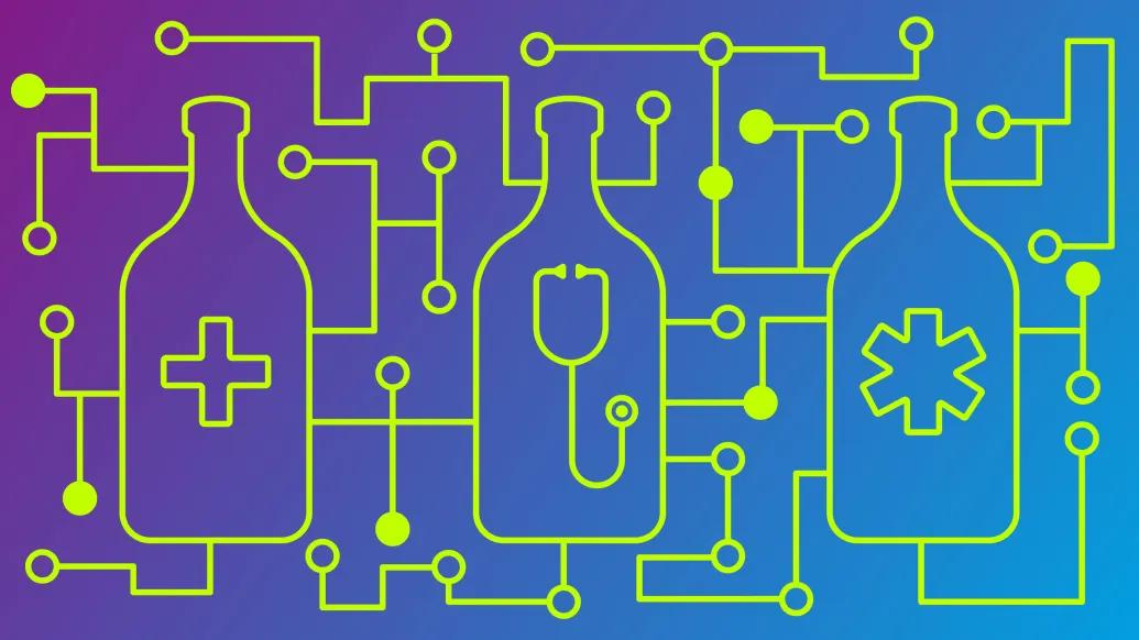 bottles sketched connected by neon green lines
