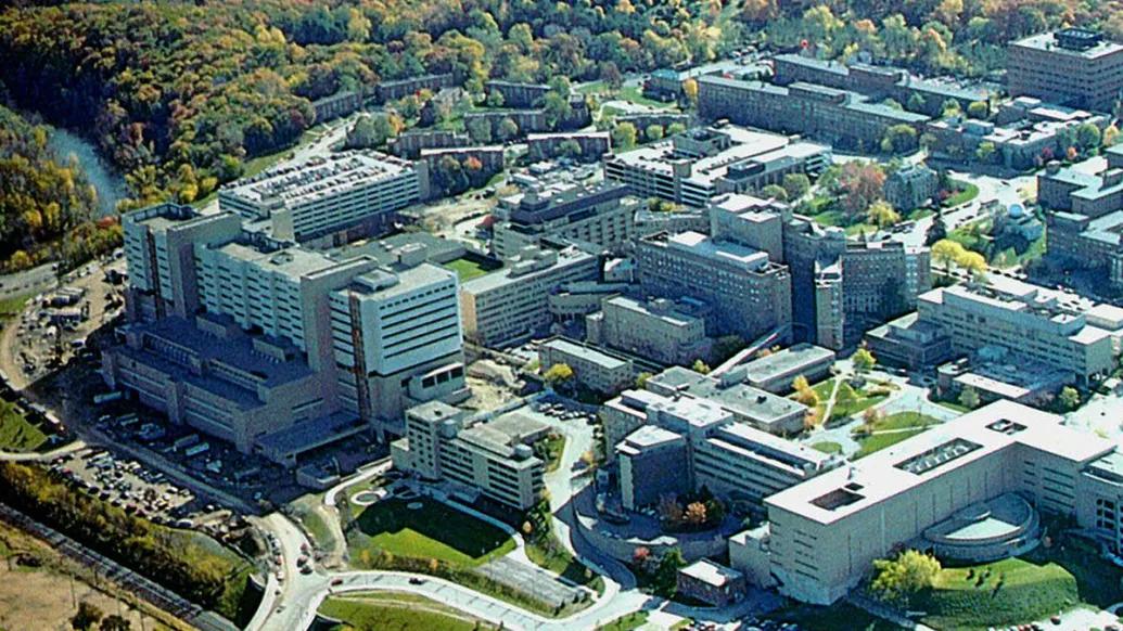 Aerial of medical campus 1985 with old and new University Hospitals