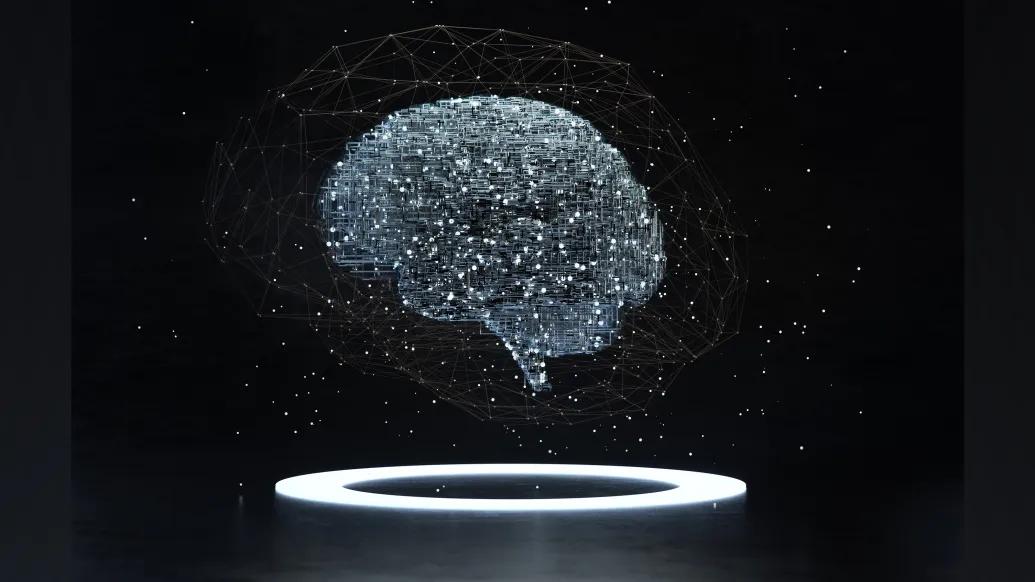 black background and white specs forming a brain floating with light ring under the brain
