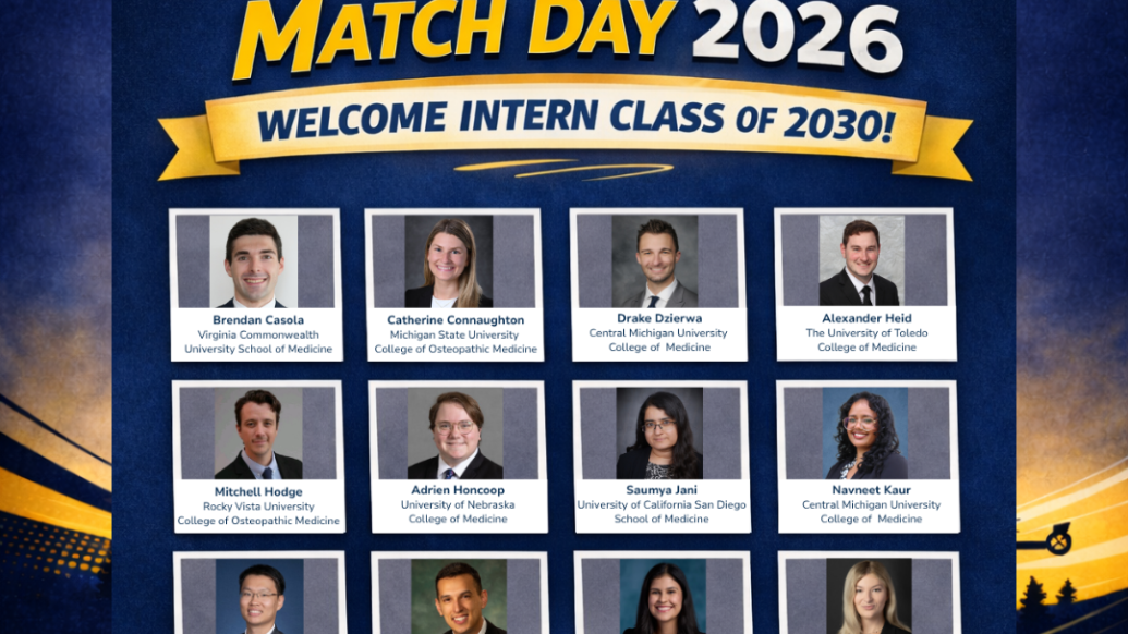 Graphic celebrating Match Day 2026 for the University of Michigan Department of Emergency Medicine, welcoming the Intern Class of 2030. The design features a blue and maize background with the Block M logo and a city skyline. Sixteen resident headshots are arranged in a 4-by-4 grid, each labeled with the individual’s name and medical school: Brendan Casola (Virginia Commonwealth University School of Medicine), Catherine Connaughton (Michigan State University College of Osteopathic Medicine), Drake Dzierwa (