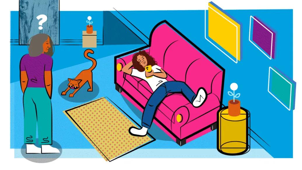 teen on couch laying in a graphic with parent looking at them with a question mark above head and cat stretching 