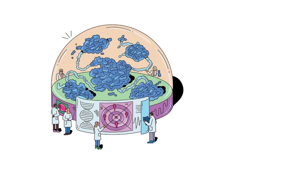 Illustration by Kathleen Fu showing how epigenetics is fundamental to the formation of tumor and the emergence of drug resistance.