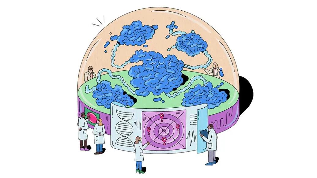 Illustration of tumor formation inside a globe as researchers look on
