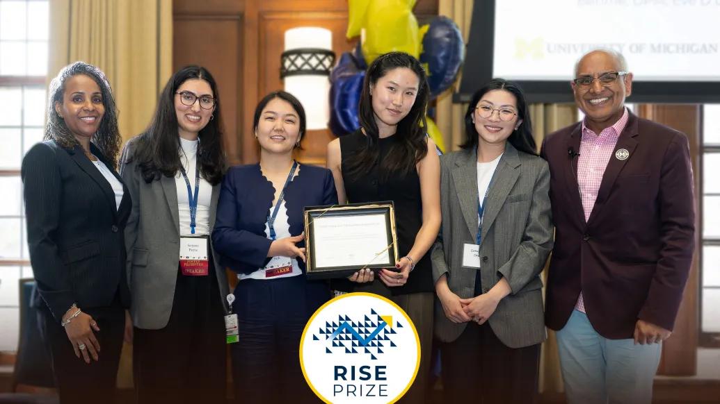 RISE Prize Award winners onstage at Michigan League. L-R: Paula Thompson, Sanjana Paye, Ashley Park, Rajesh Mangrulkar.