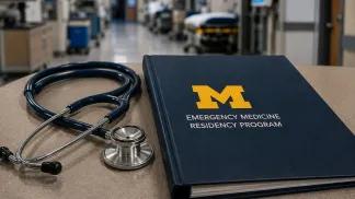 Stethoscope and binder that says Emergency Medicine Residency Program