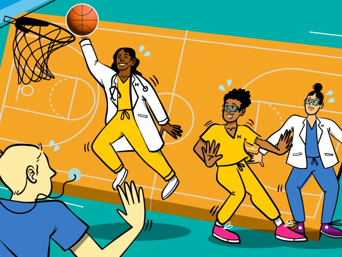 Illustration of scientists and doctors playing basketball in white coats and scrubs