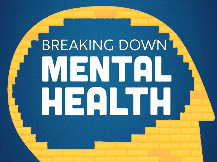 Breaking Down Mental Health on blue background and text inside a yellow head graphic