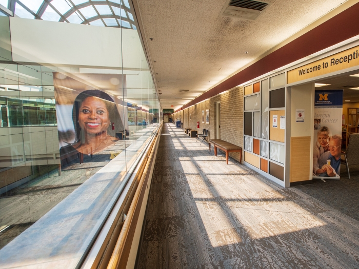 Sunny hallway with clinical reception area 
