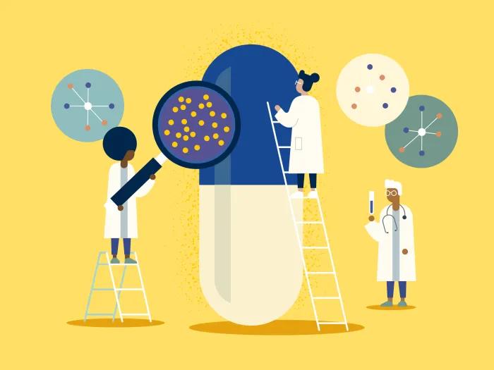 scientists working and doctors on pill research yellow blue white