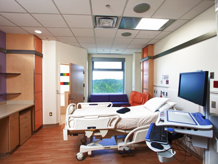 empty pediatric patient room with bed, private bedroom,