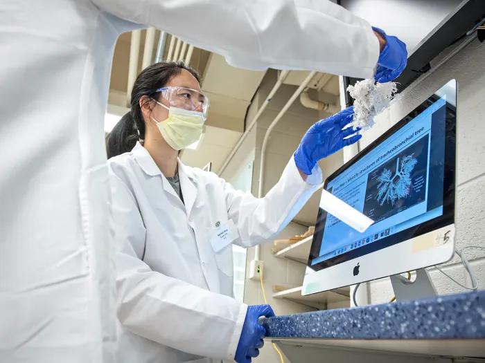 resident looks at a computer screen to decipher research 