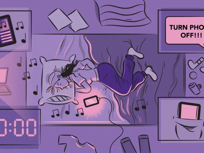 purple all notifications on phone teen sleeping in bed with phone next to them