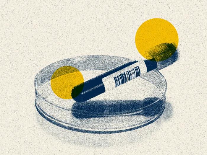 vial of blood in container lab blue yellow grainy graphic