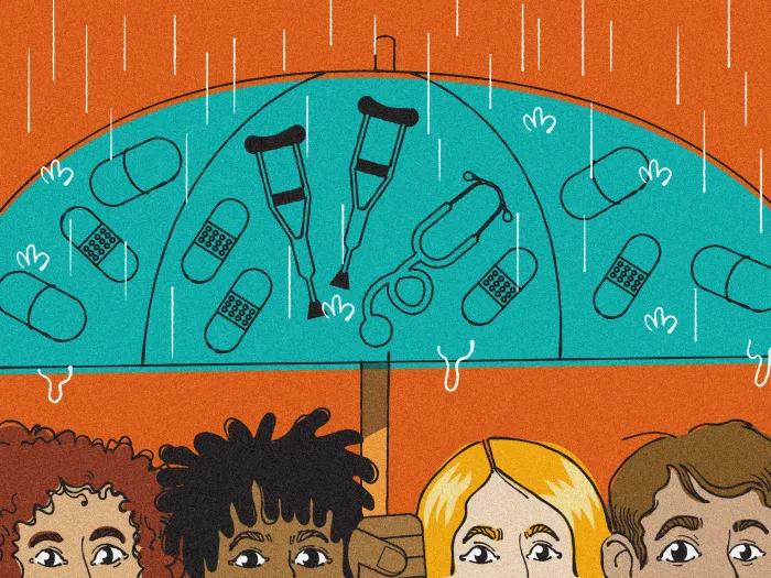 people holding band-aid umbrella standing in the rain