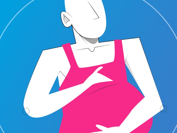 person with pink shirt blue background pregnant