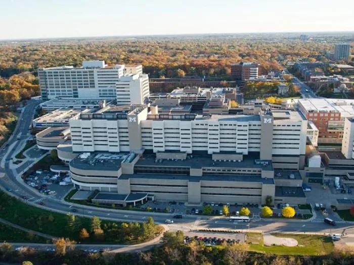 Aerial view of University of Michigan Health hospital located in Ann Arbor, Michigan.