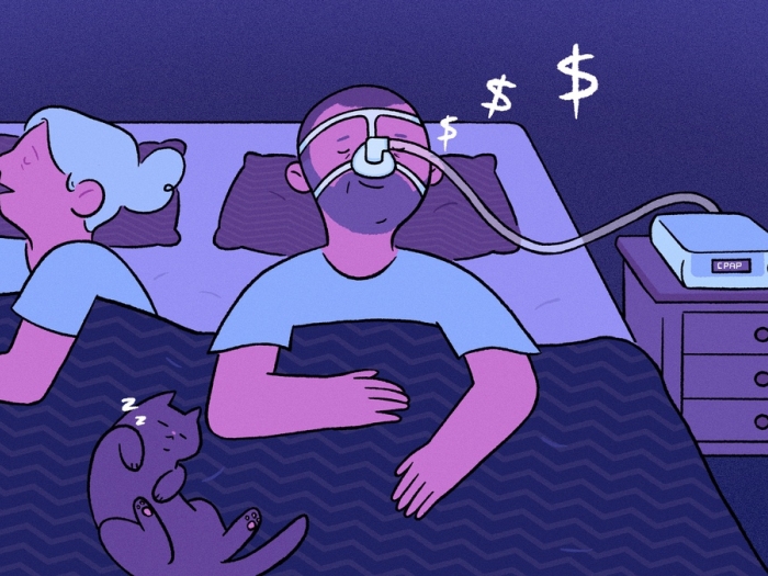 illustration of man sleeping in bed with CPAP machine on