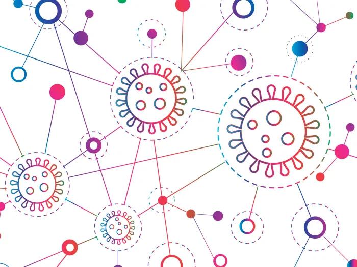 Pink, blue, purple illustration of COVID-19 virus