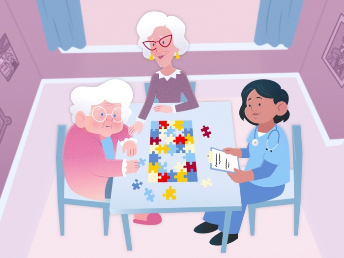 Illustration of three older women playing cards at a table