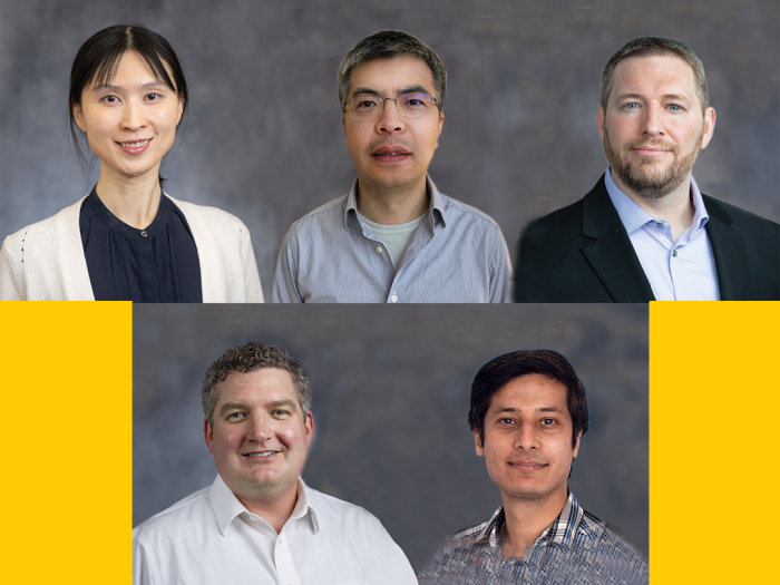 Photos of DCMB promoted faculty: Yuanfang Guan, Ph.D., Jie Liu, Ph.D., Ryan Mills, Ph.D., Stephen C.J. Parker, Ph.D., and Arvind Rao, Ph.D. 